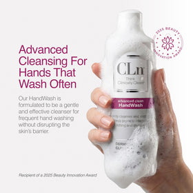CLn handwash held in hand showing compact 8 fl oz size for portability benefit