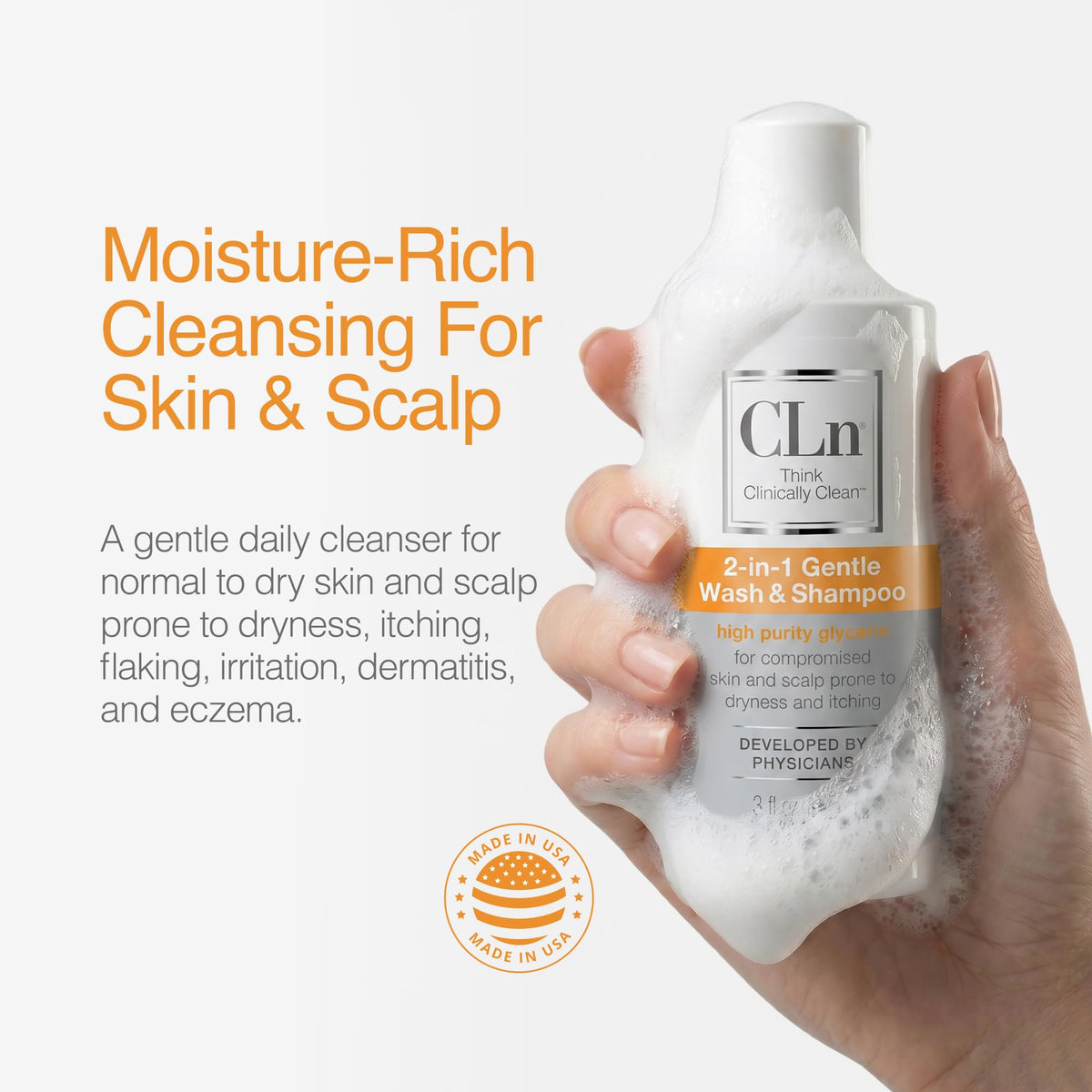 CLn in-shower use on hair illustrating clarifying action and lighter-feeling hair