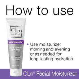 CLn moisturizer next to toiletries showing 3.4 oz scale for travel-friendly packing