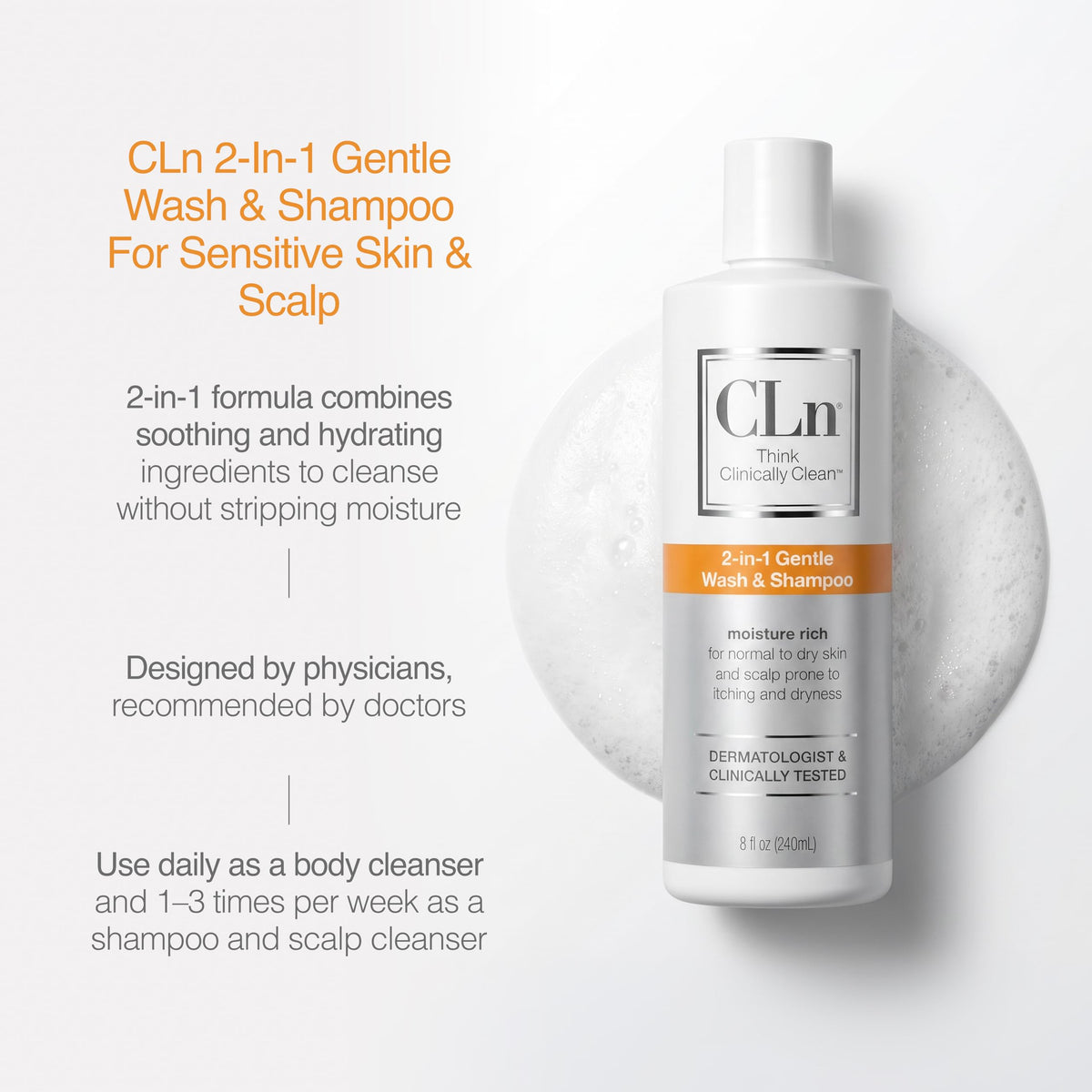 CLn bottle in hand showing 8 fl. oz. size for travel convenience