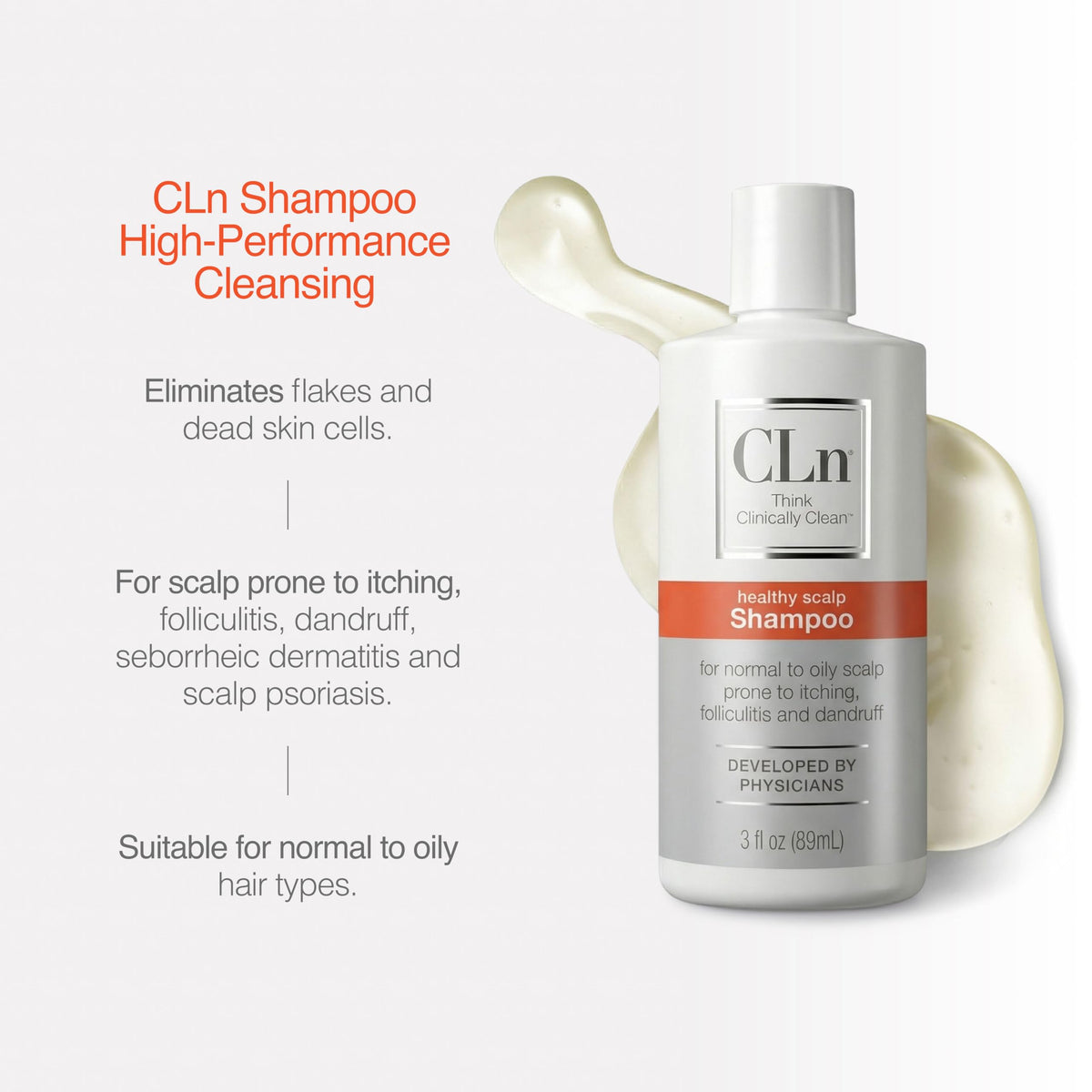 CLn shampoo bottle in hand for size comparison and travel-ready convenience