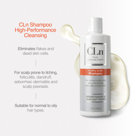 CLn shampoo dispensed in hand to show concentrated formula and small-use benefit