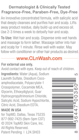 CLn shampoo pour texture demonstrating gentle, clarifying consistency