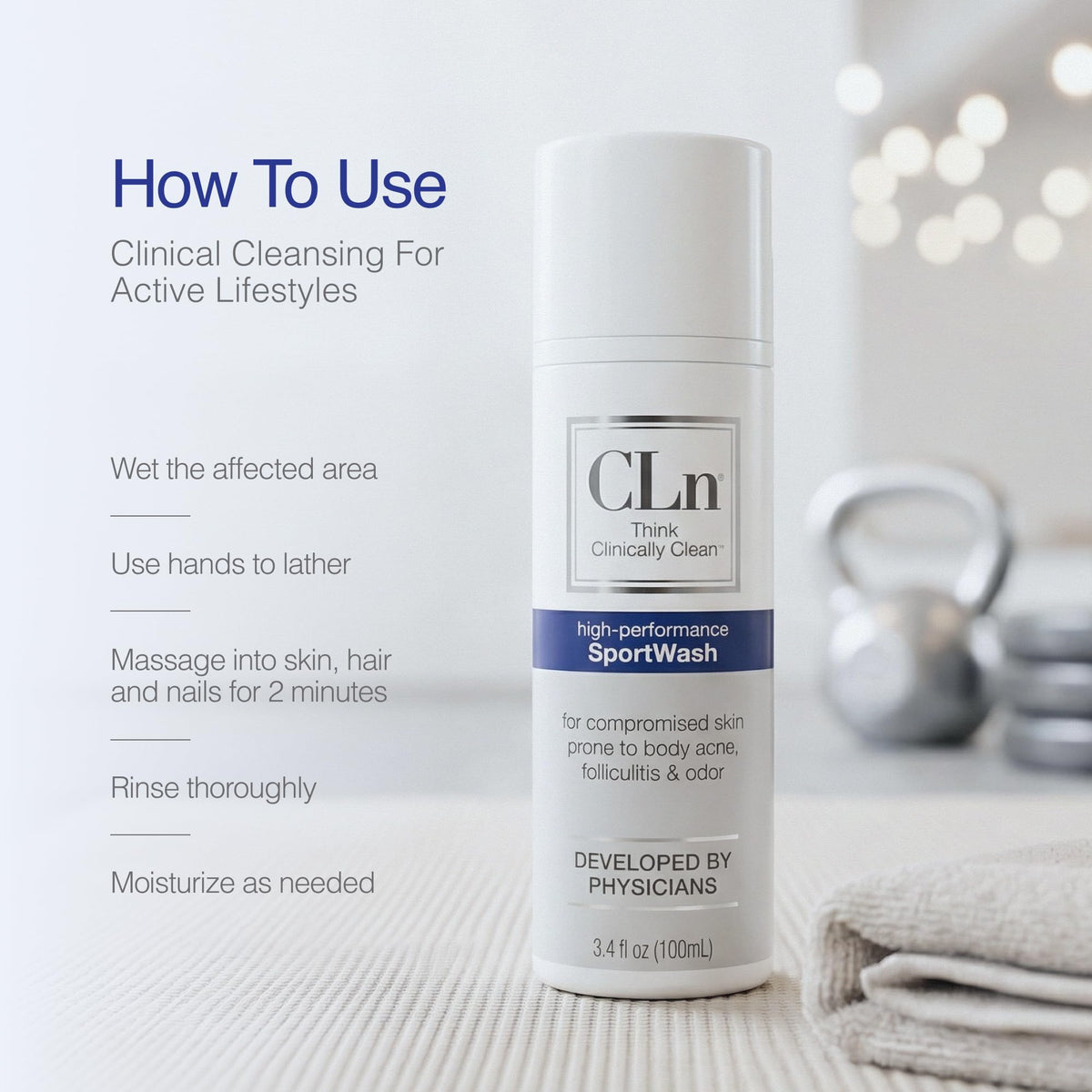 CLn SportWash being applied in shower showing effective cleansing after exercise