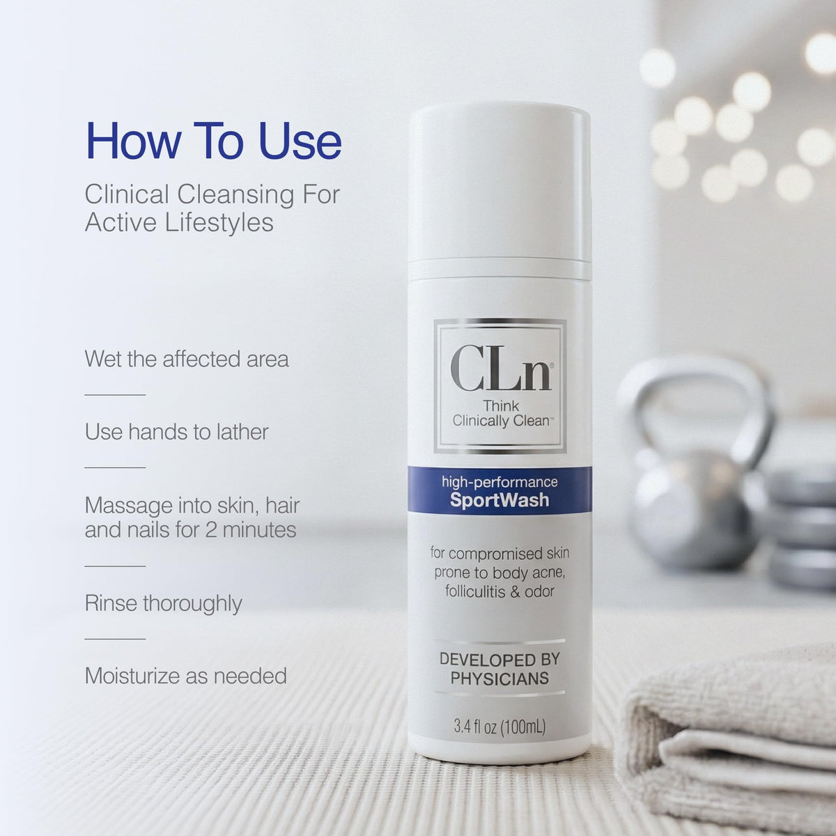 CLn SportWash in shower being applied after exercise for hygiene