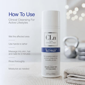CLn SportWash in shower being applied after exercise for hygiene
