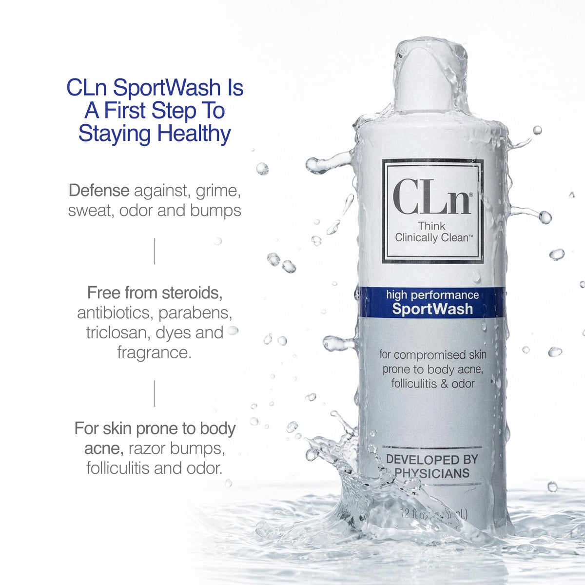 CLn SportWash ingredients label highlighting physician-developed formula