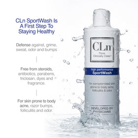 CLn SportWash ingredients label highlighting physician-developed formula