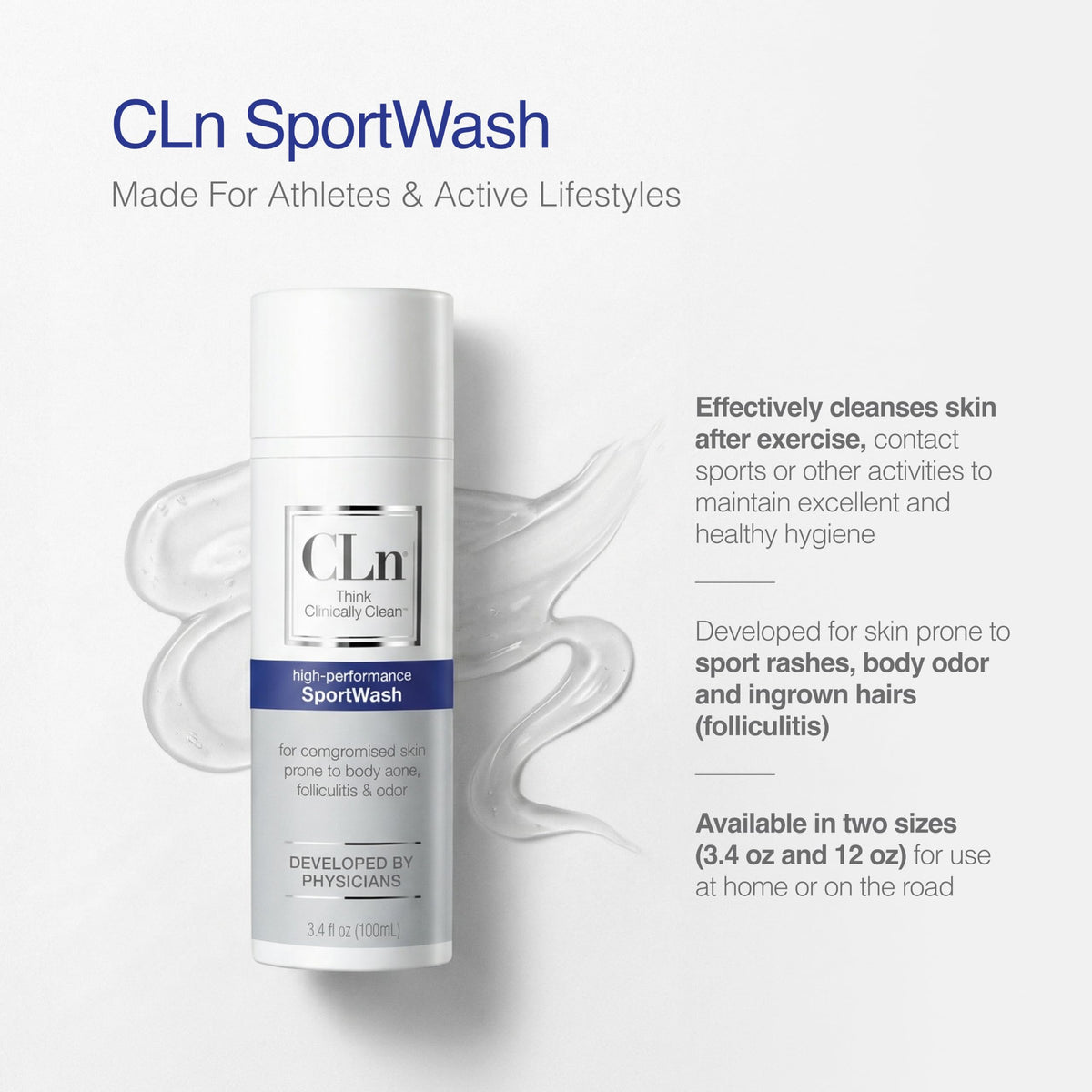 CLn SportWash label detail showing ingredient transparency and physician development