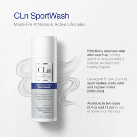 CLn SportWash label detail showing ingredient transparency and physician development
