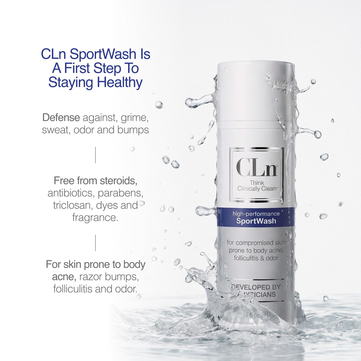 CLn SportWash next to travel items showing 3.4 fl oz size for gym and travel