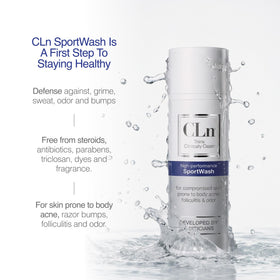 CLn SportWash next to travel items showing 3.4 fl oz size for gym and travel