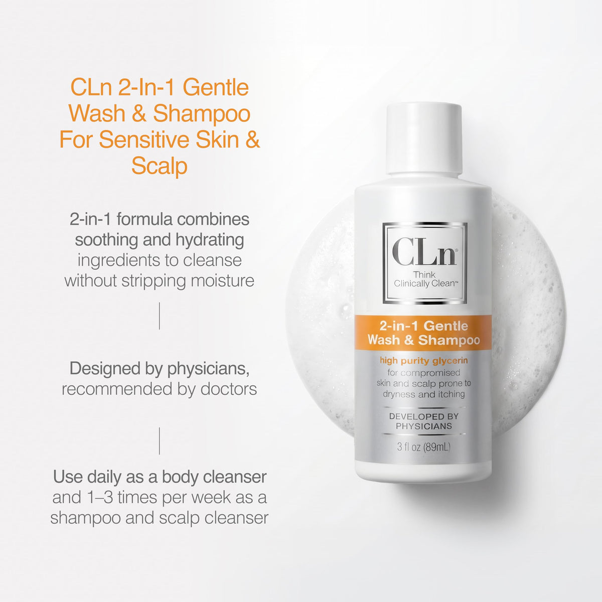 CLn texture foam close-up demonstrating gentle lather and moisturizing glycerin effect