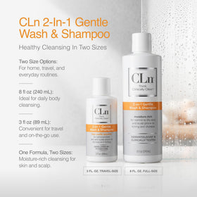 CLn travel essentials flatlay with bottle in a toiletry kit for on-the-go convenience