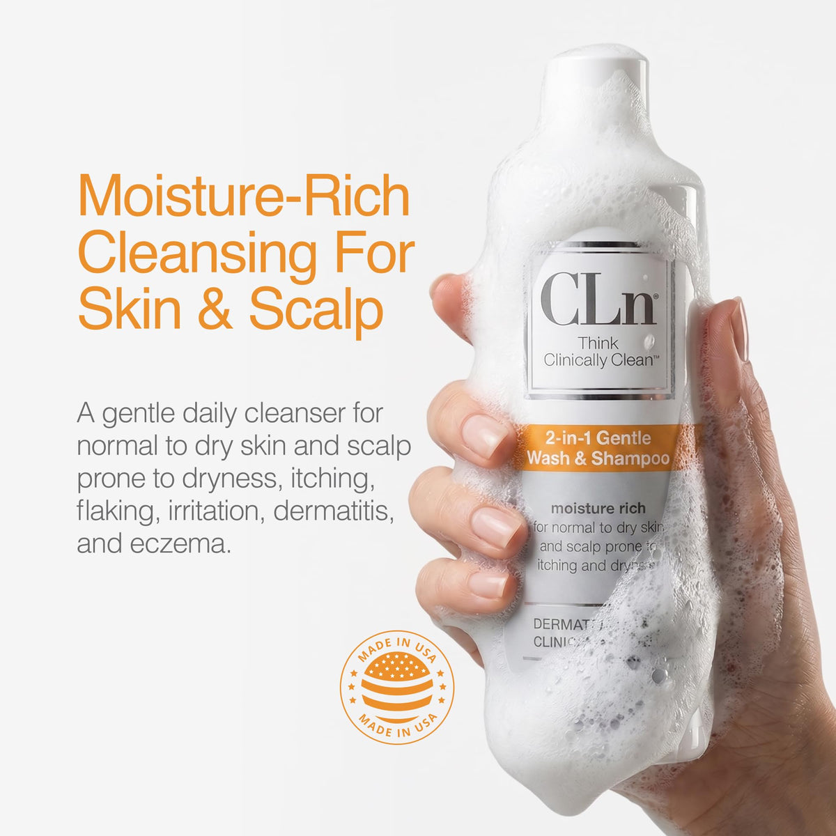 Person using CLn in shower showing soothing head-to-toe cleansing