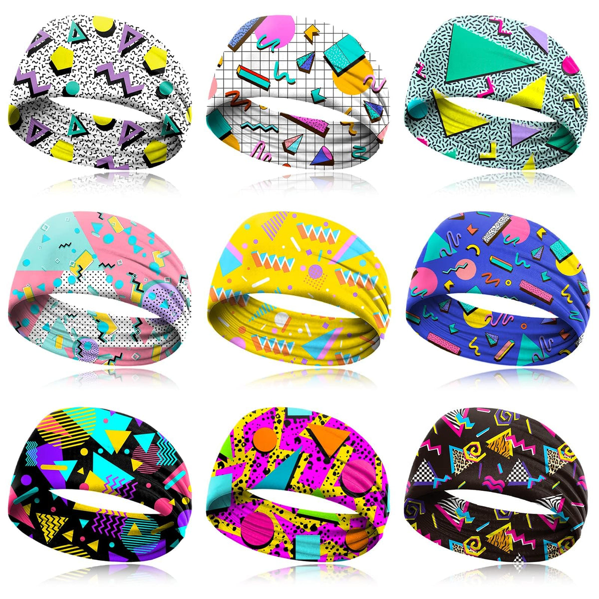 clothmile front pack view showing nine neon headbands and vibrant retro styling
