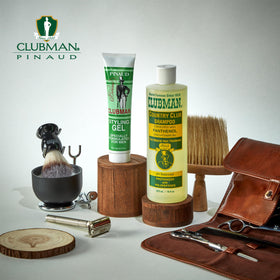 Clubman shampoo in bathroom lifestyle scene suggesting barbershop-fresh benefit