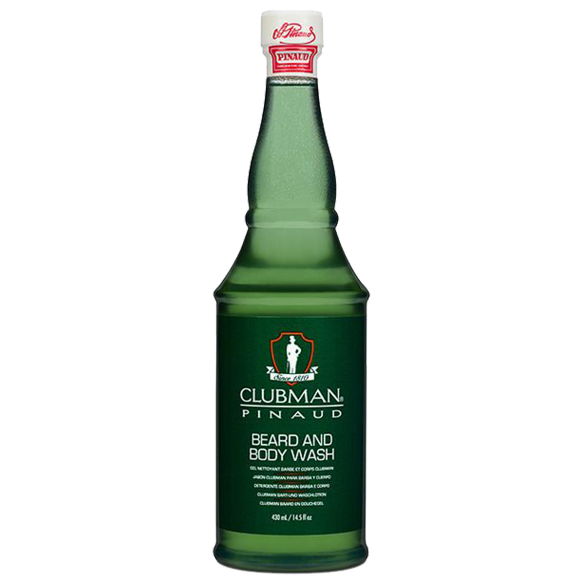Clubman Pinaud front bottle view showing label and size, clear grooming benefit