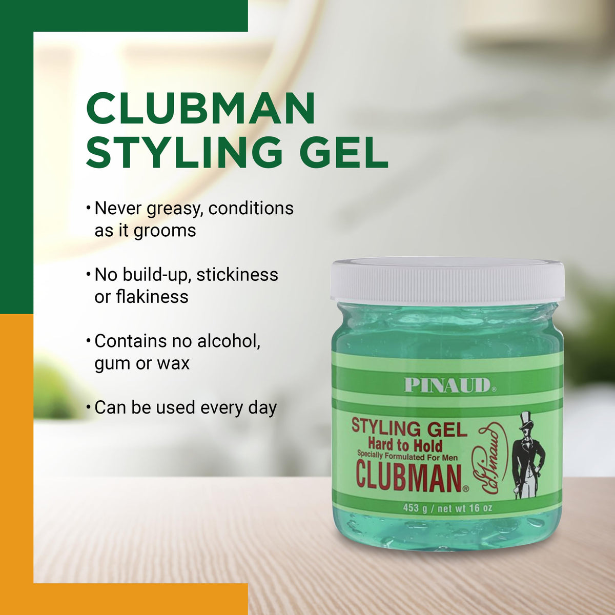 Clubman Pinaud man applying gel demonstrating firm hold benefit