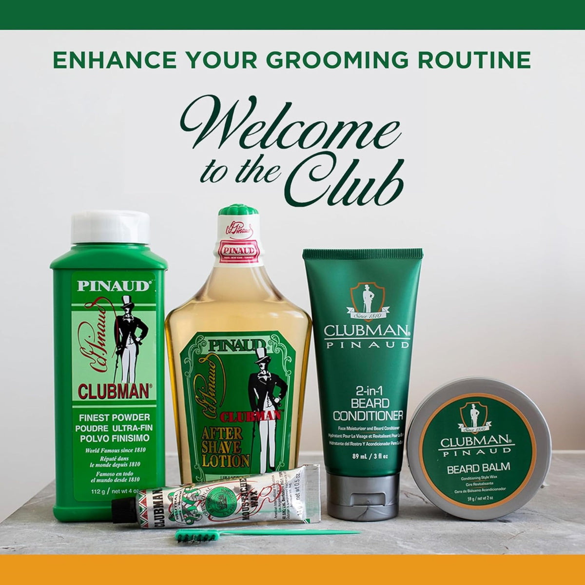 Clubman Pinaud on bathroom vanity lifestyle shot suggesting daily grooming routine