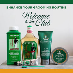 Clubman Pinaud on bathroom vanity lifestyle shot suggesting daily grooming routine