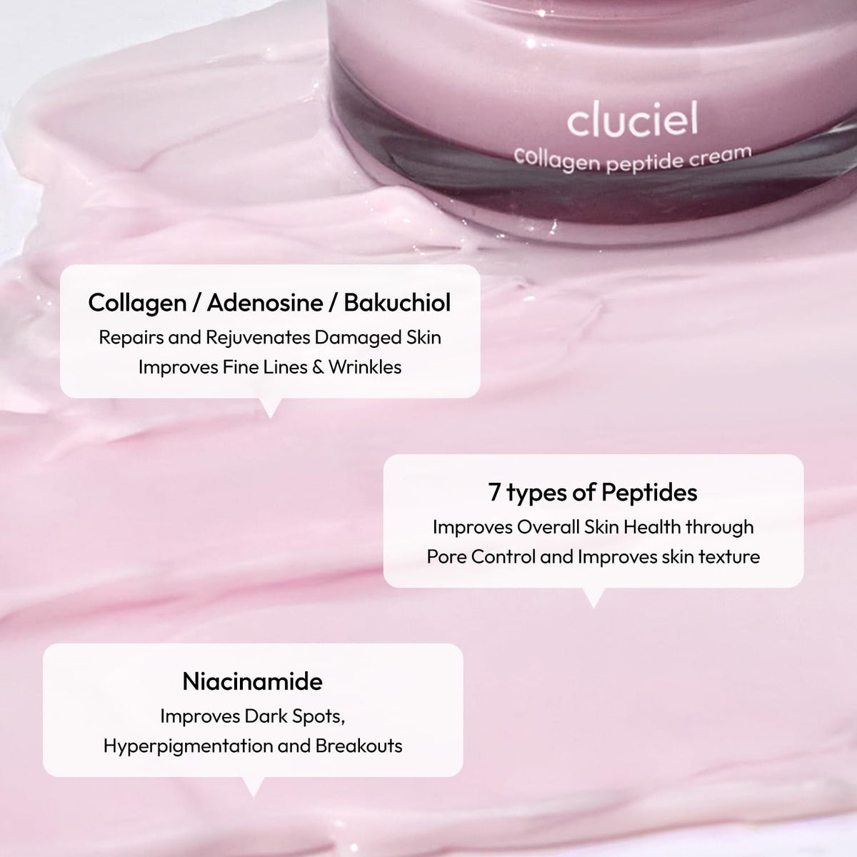 cluciel label close-up listing peptides and collagen for firming benefit