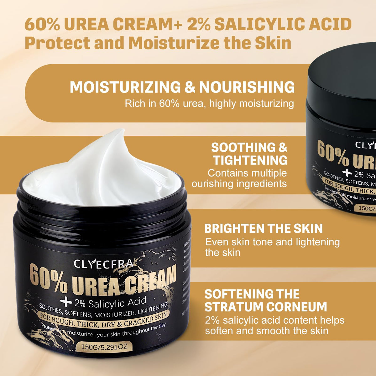 Clyecfra ingredient label highlighting 60% urea and 2% salicylic acid for hydration