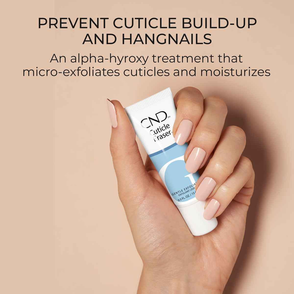 CND Cuticle Eraser tube label detail highlighting gentle exfoliation benefit