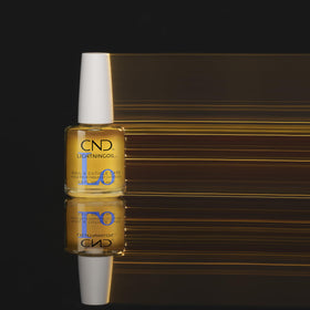 CND LIGHTNINGOIL on a vanity with other grooming items showing daily routine benefit