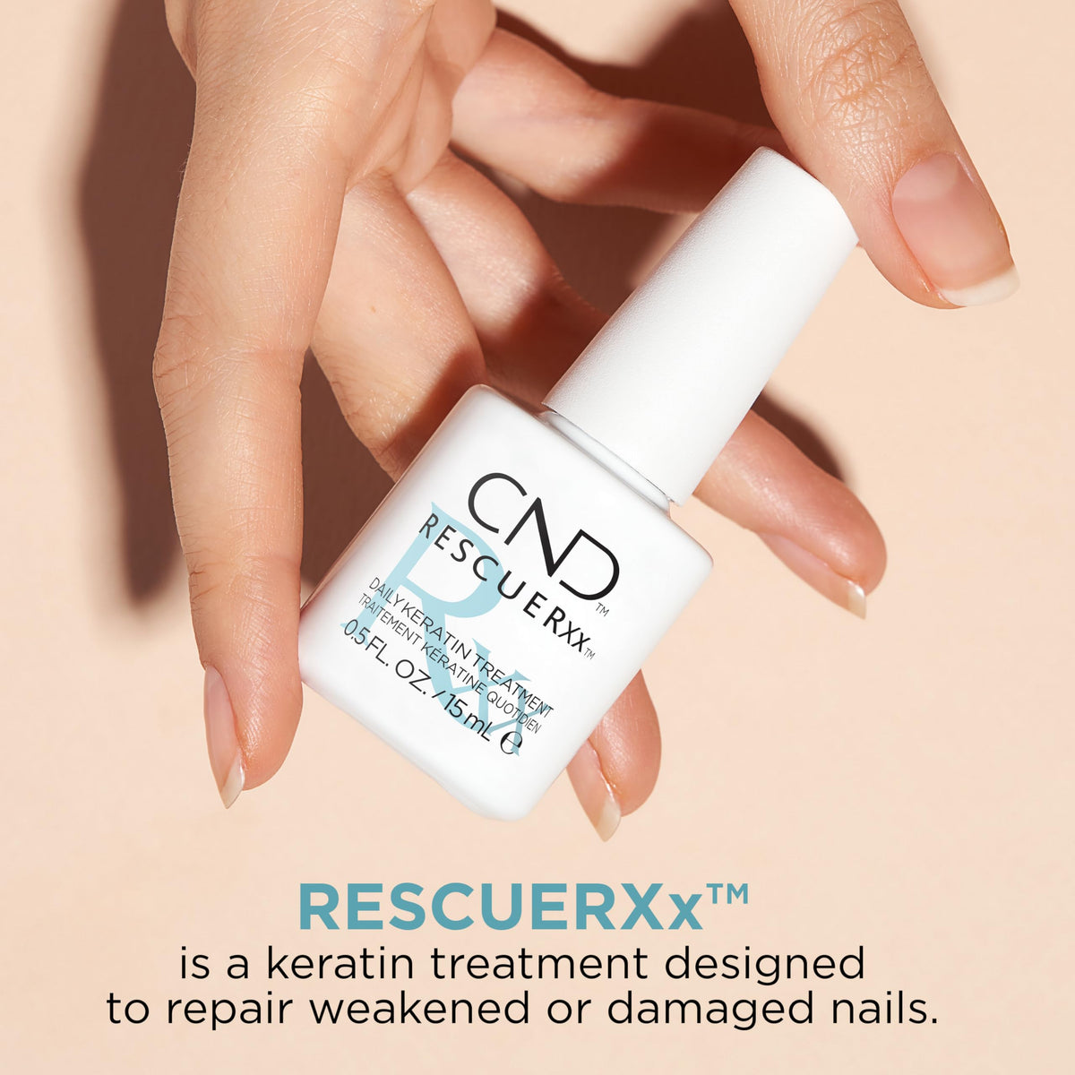 CND RescueRxx dropper applying oil to the nail, demonstrates targeted nourishing application