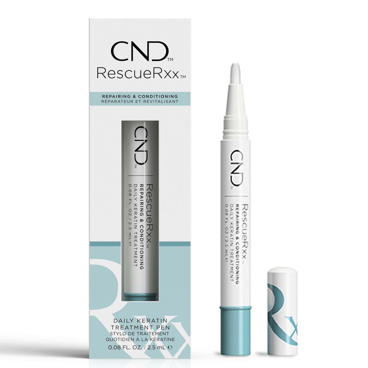 CND RescueRXx front packaging showing compact repair pen for travel