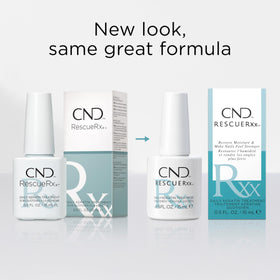 CND RescueRxx next to manicure tools in a salon setting, implies professional-strength nail care