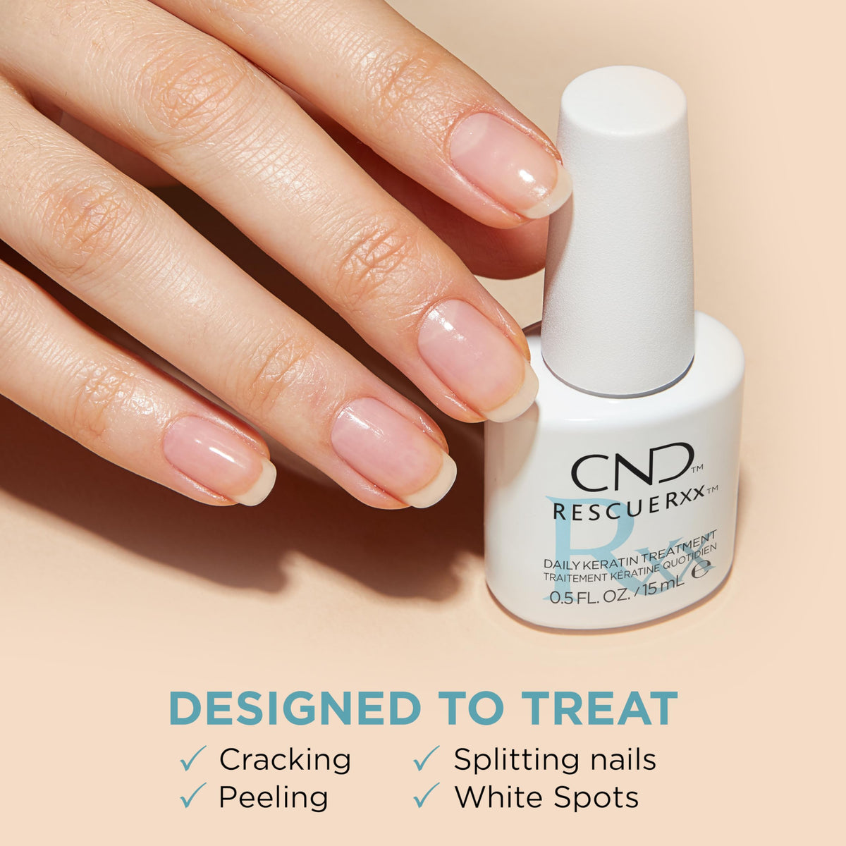 Close-up of CND RescueRxx oil texture on fingertip, highlights moisturizing jojoba and almond oils