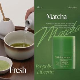 CNP lifestyle shot with matcha cup showing calming café-inspired scent benefit