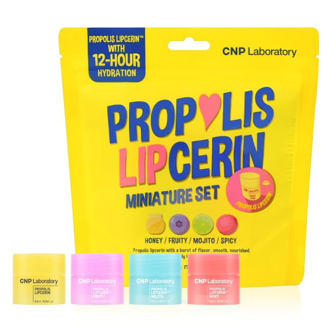CNP front packaging showing four travel-size honey lip balms and benefits