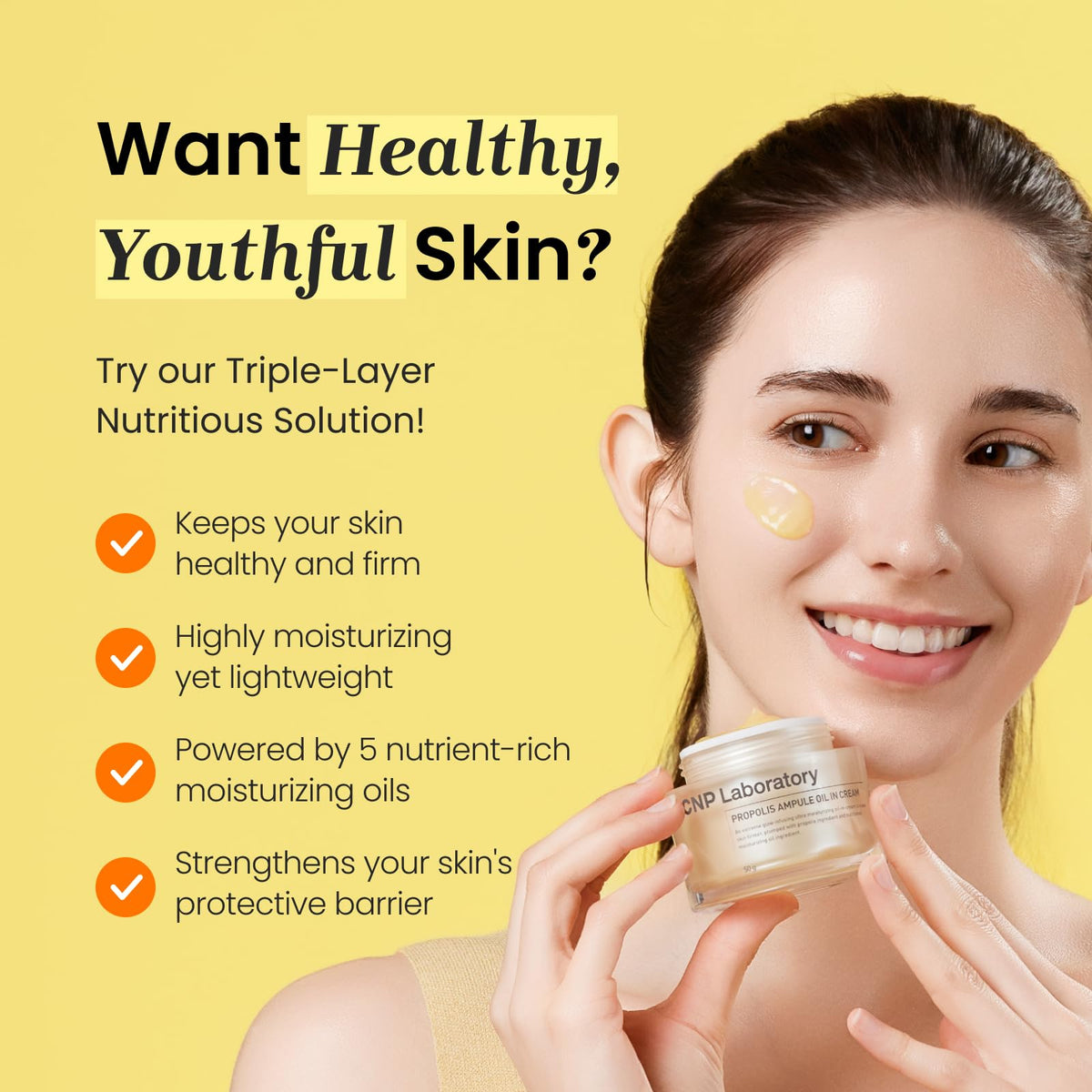CNP jar open with visible propolis-infused cream promoting antioxidant care