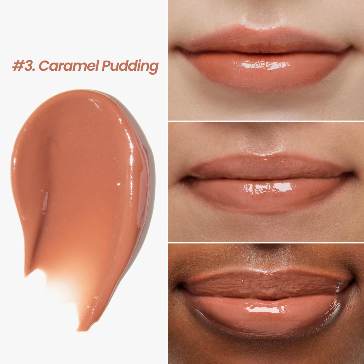 CNP lip swatch on model illustrating warm caramel shade and natural glow