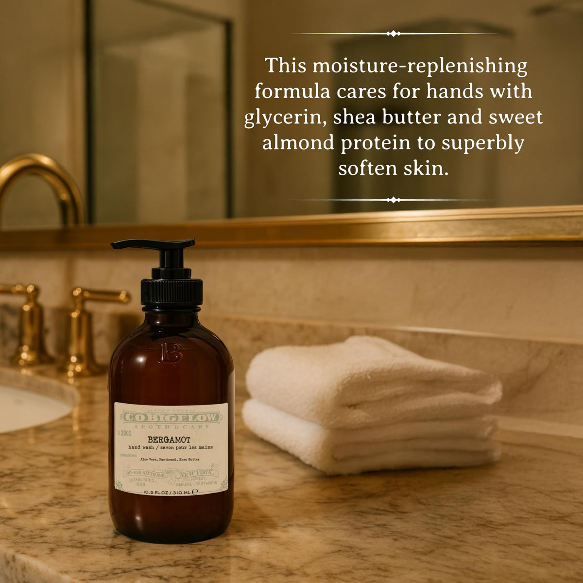 C.O. Bigelow label close-up highlighting ingredients like shea, glycerin, and aloe