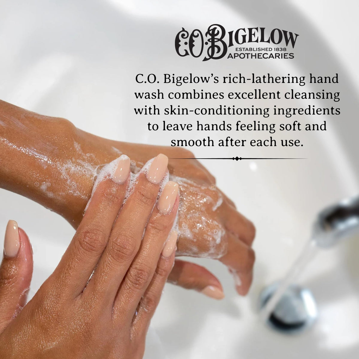 C.O. Bigelow creamy lather texture on hands showing gentle cleansing and hydration