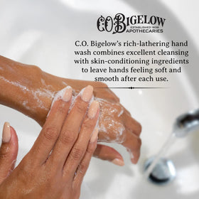 C.O. Bigelow creamy lather texture on hands showing gentle cleansing and hydration
