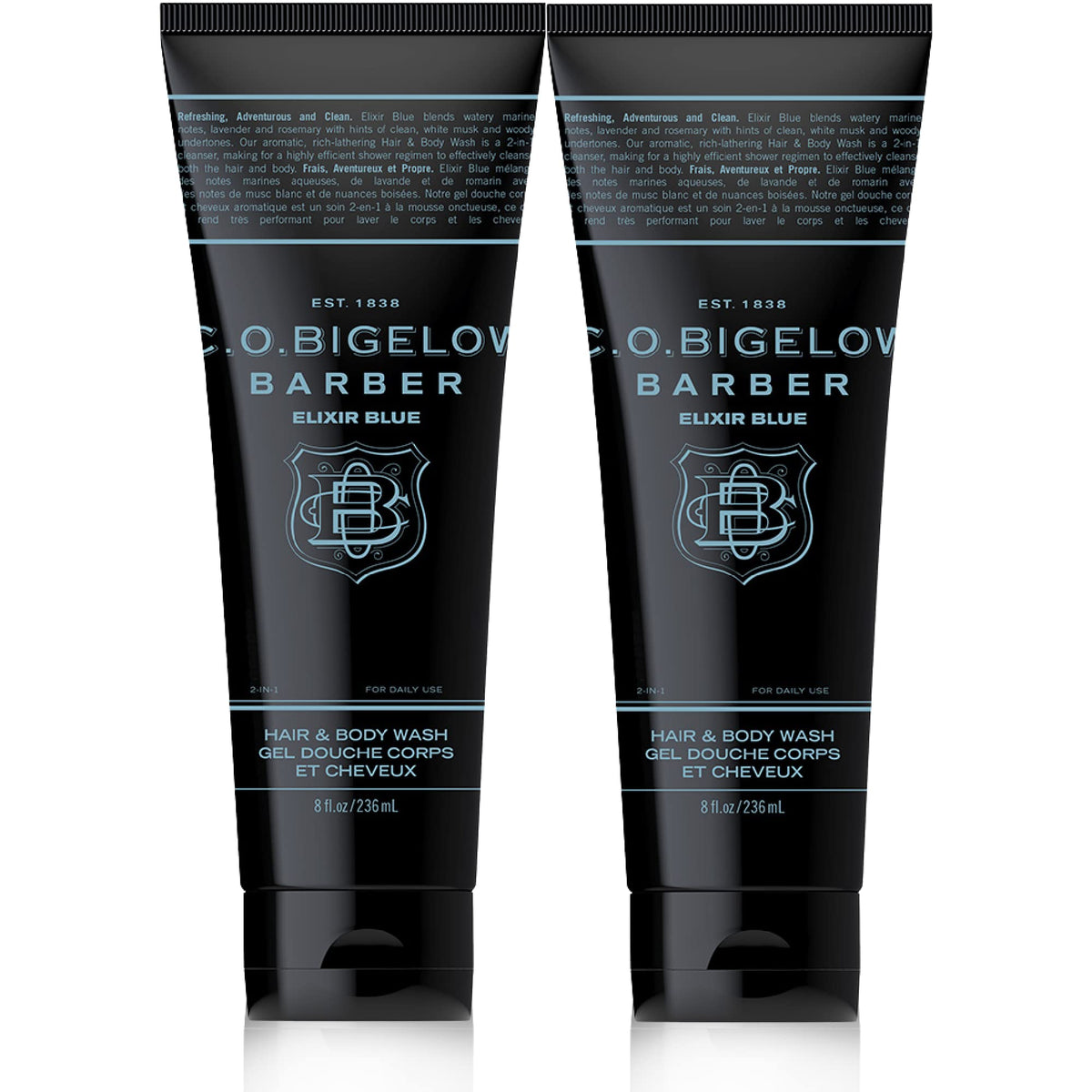 C. O. Bigelow front bottle view highlighting label and benefit of dual use