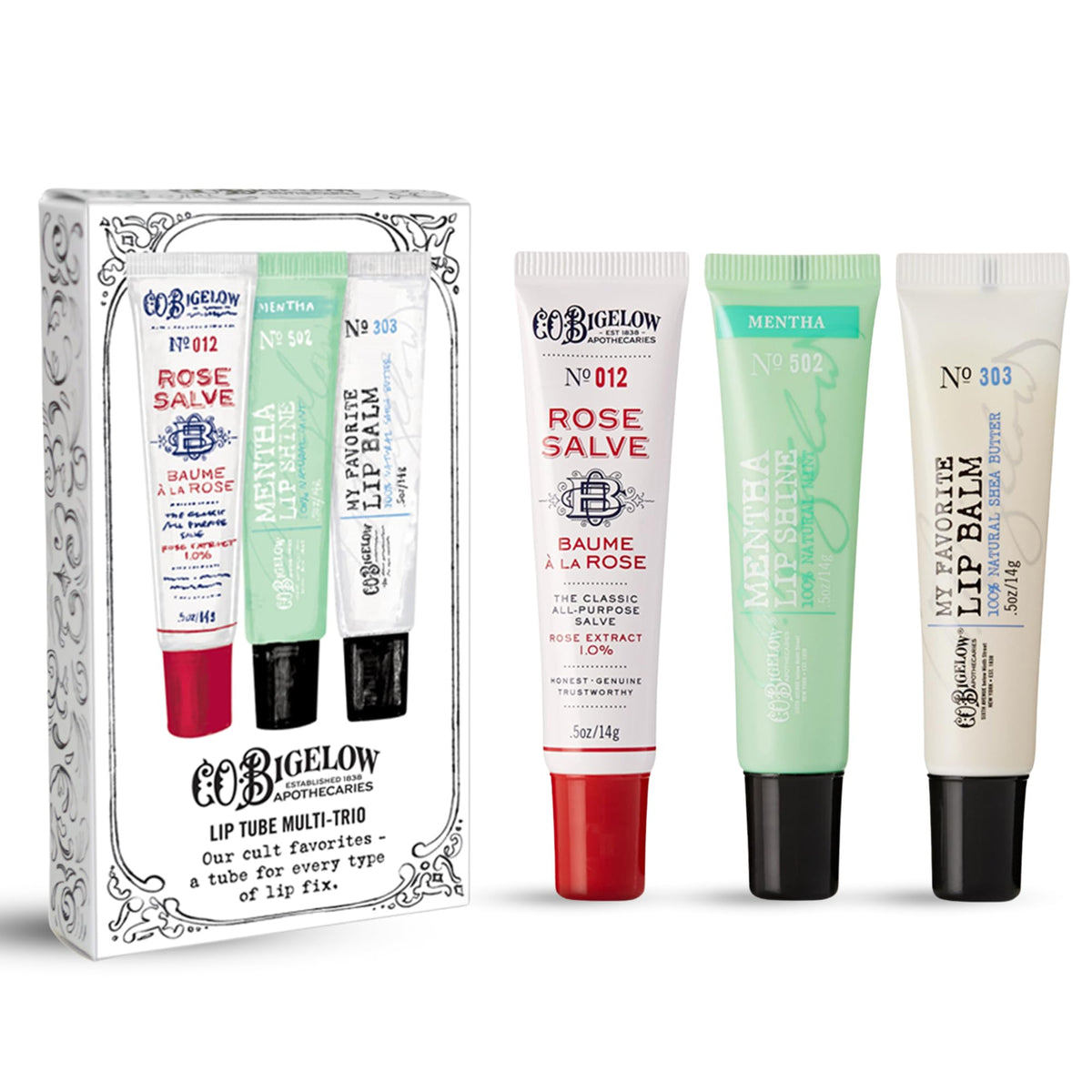 C.O. Bigelow front packaging trio showing three tubes and brand appeal