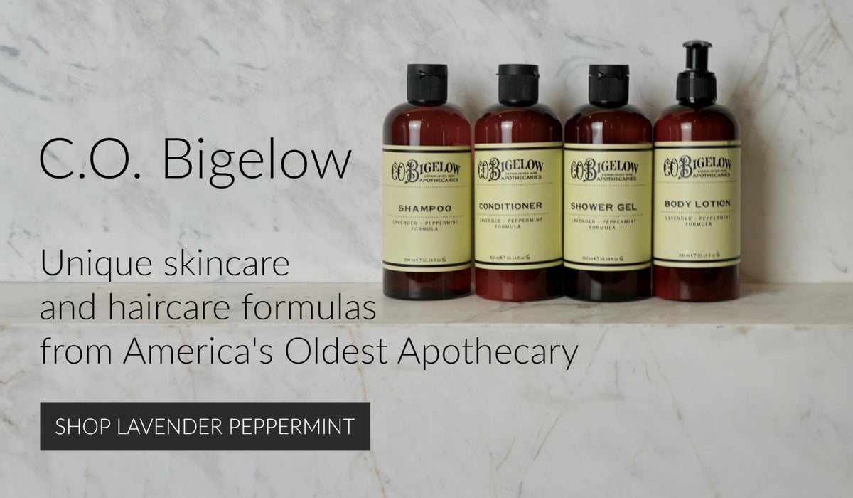 C.O. Bigelow bottle in bathroom lifestyle scene suggesting daily routine freshness