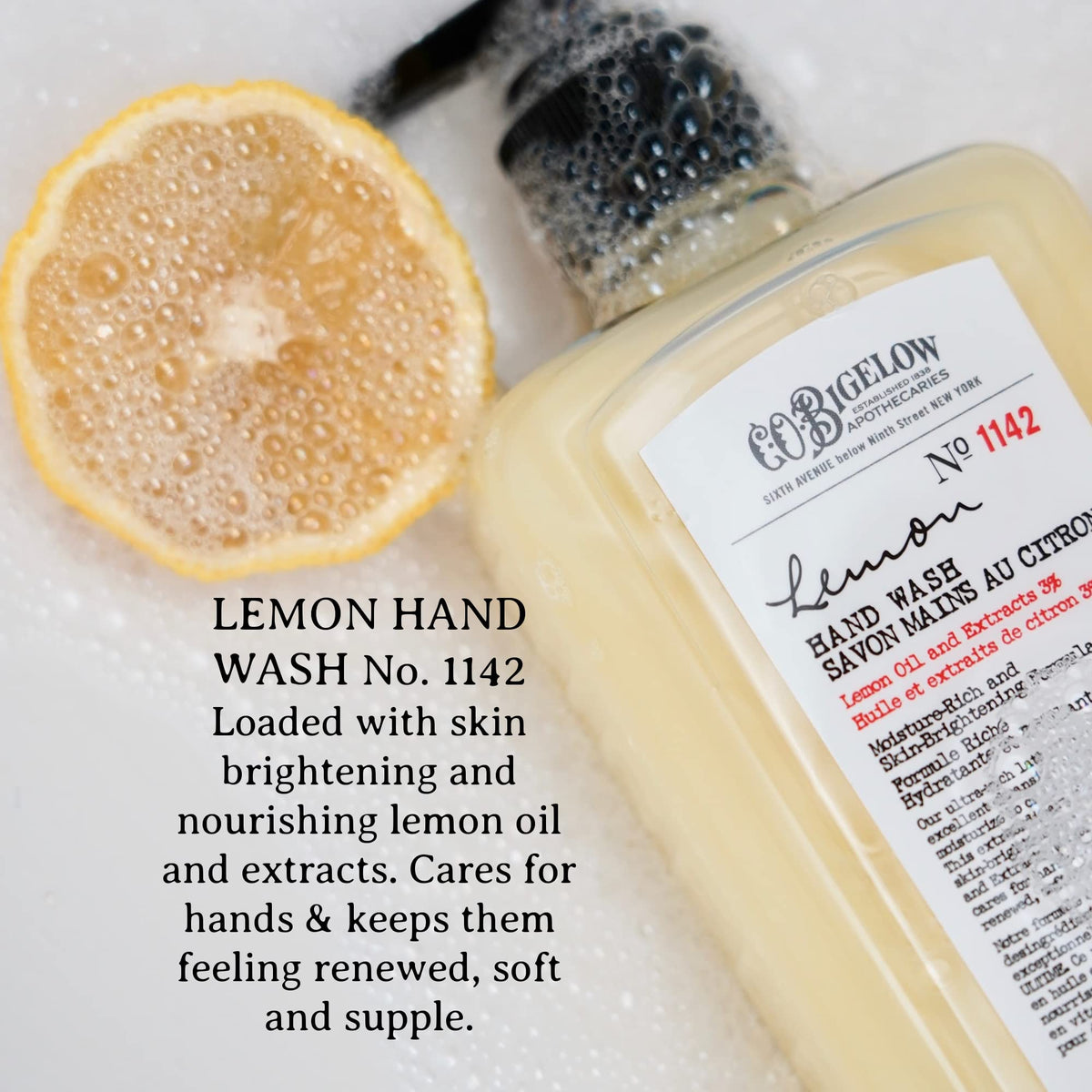 C.O. Bigelow pump and label close-up highlighting easy dispensing and clear ingredients