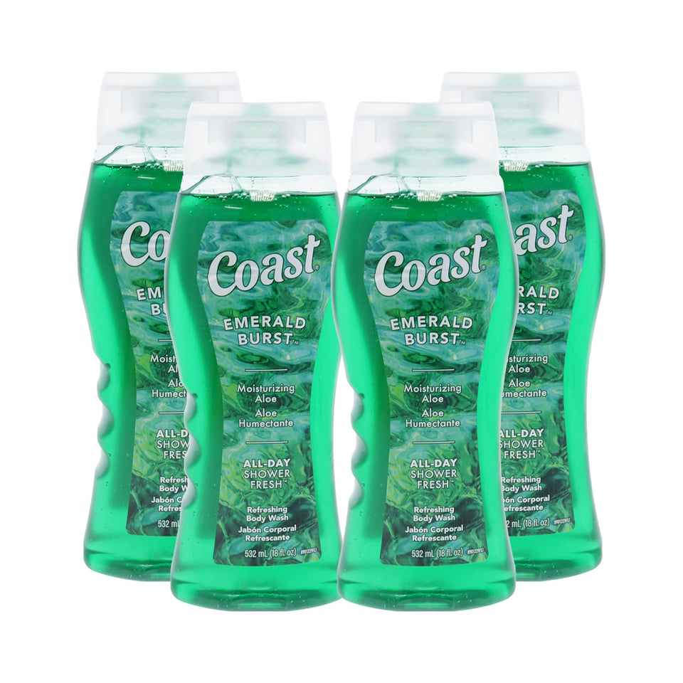 Coast Emerald Burst front packaging showing bottle and benefits, hydrating aloe support