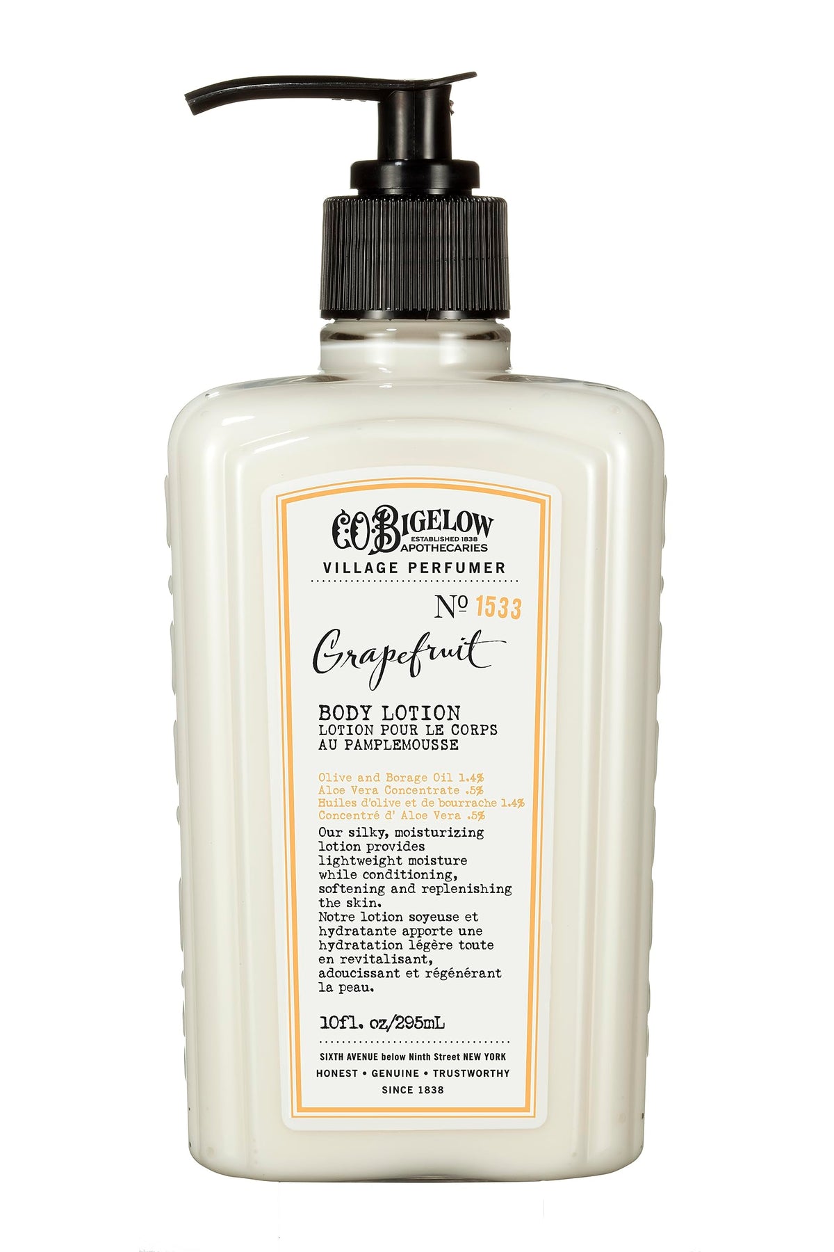 C. O. Bigelow front packaging showing bottle and grapefruit scent benefit