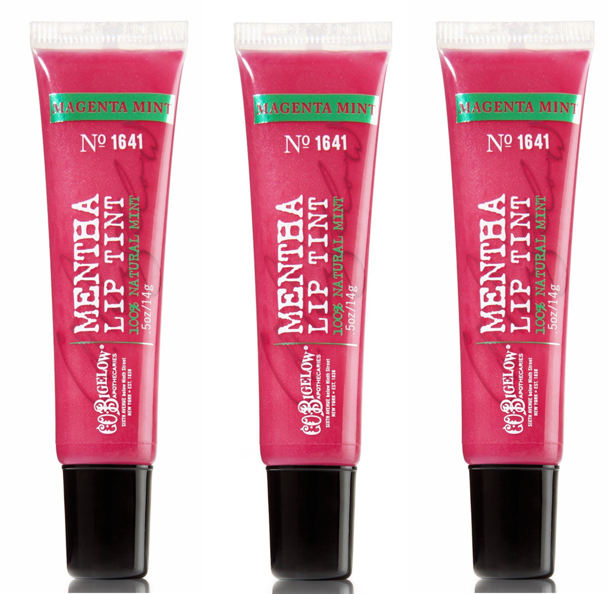 C. O. Bigelow front packaging showing three Magenta Mint tints and cooling benefit