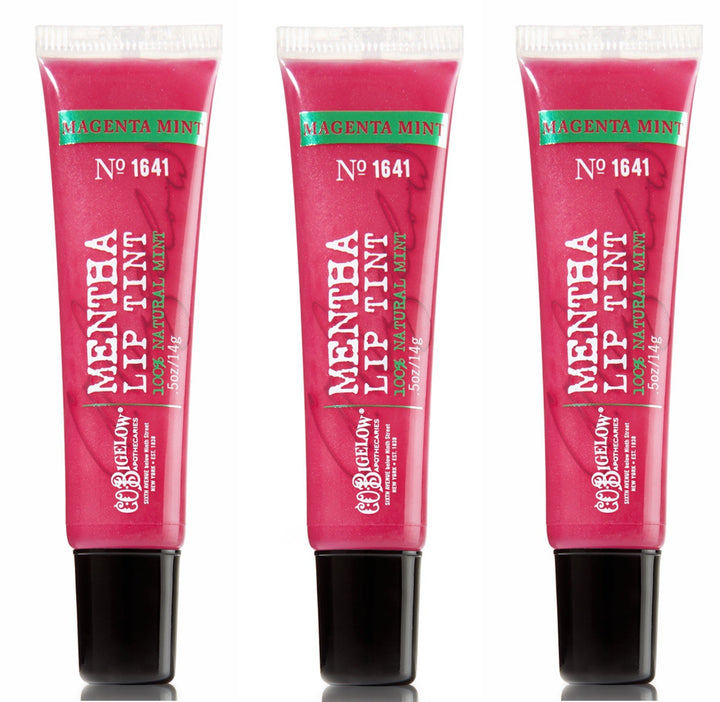C. O. Bigelow front packaging showing three Magenta Mint tints and cooling benefit