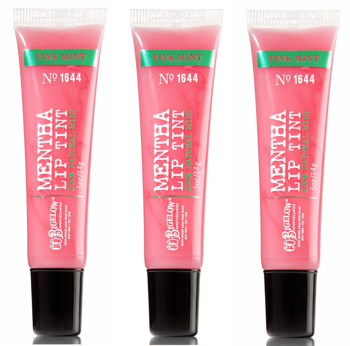 C.O. Bigelow Mentha Lip Tint front packaging showing three pink tubes and easy touch-up