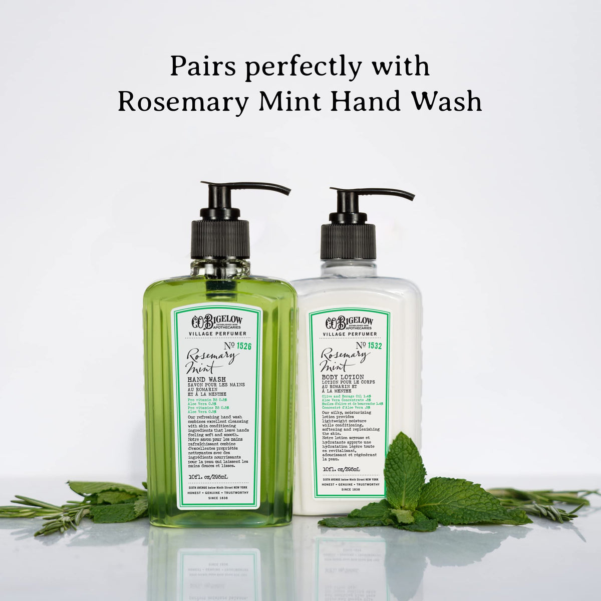 C. O. Bigelow rosemary and mint sprigs with oils illustrating botanical-scented formulation